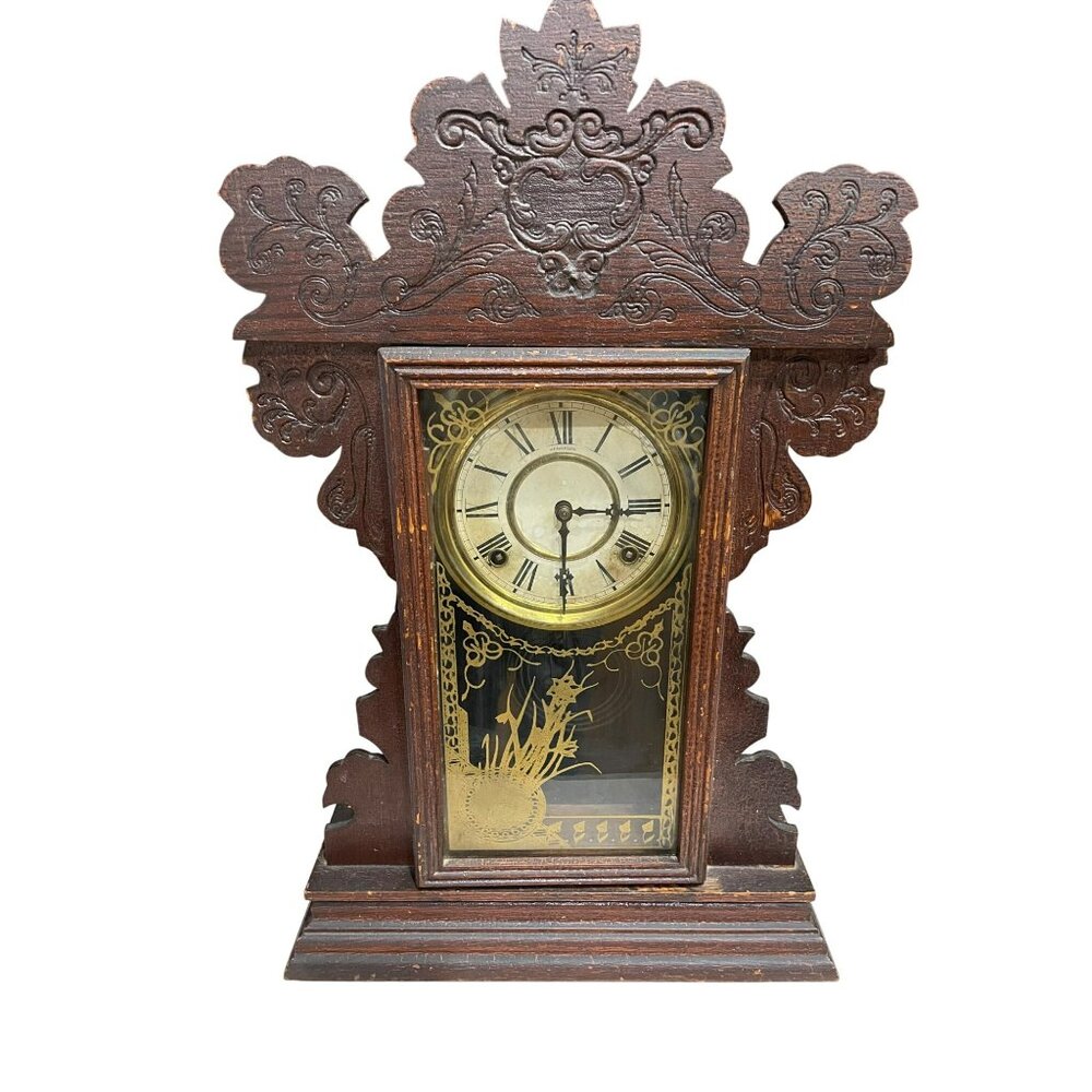 Antique Sessions Gingerbread Wooden Mantel Clock With Ornate Design & Glass Disp